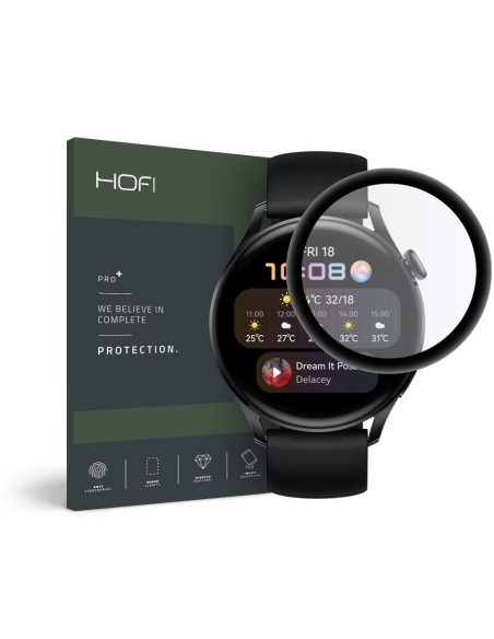 Närbild av Huawei Watch 3 med skärmskydd i transparent härdat glas