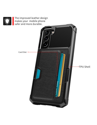 Svart skal för Samsung S21 Plus med kortfack, detaljvy av baksidan och kortfacket
