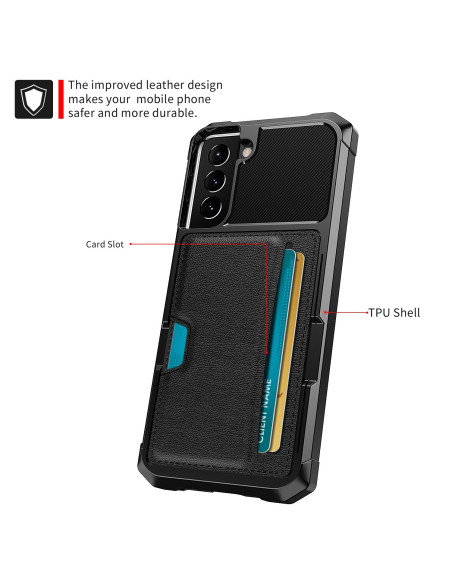 Svart skal för Samsung S21 Plus med kortfack, detaljvy av baksidan och kortfacket