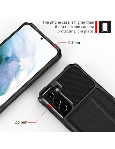 Detaljvy av Samsung S21 Plus skal med kortfack, visande skydd för kamera och skärm