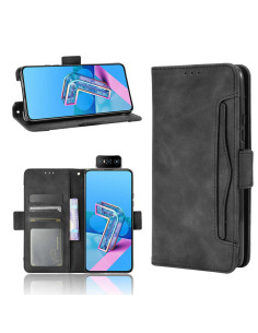 Svart plånboksfodral i PU-läder för Zenfone 8 Flip, öppet med telefon och kortfack synliga