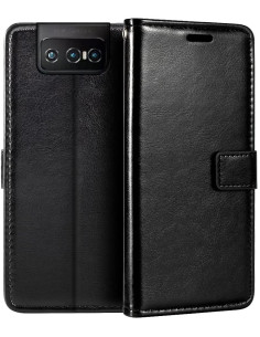 Svart plånboksfodral i konstläder för Zenfone 8 Flip, öppet med kortfack synliga