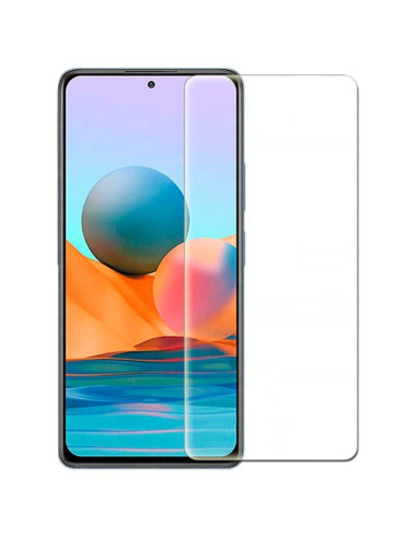 Transparent skärmskydd monterat på en Xiaomi Redmi Note 10 Pro med färgglad bakgrund