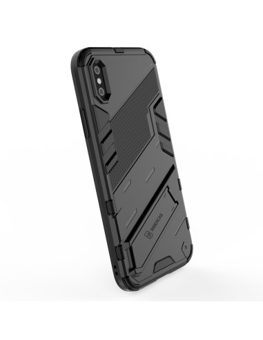 Detaljvy av iPhone X/XS stöttåligt skal med kickstand, sett från sidan med textur och mönster