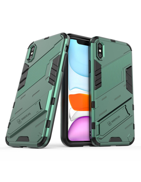 iPhone X/XS stöttåligt skal med kickstand, visat från sidan med telefonen i skalet