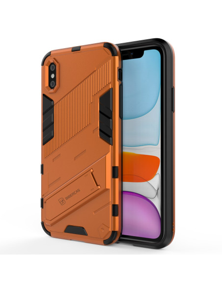 iPhone X/XS stöttåligt skal med kickstand, visat från sidan i orange färg med telefon monterad
