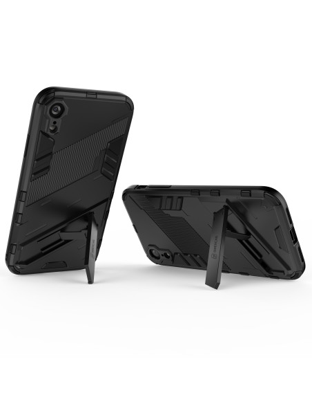 iPhone XR skal i svart TPU med kickstand, visat bakifrån med stativet utfällt