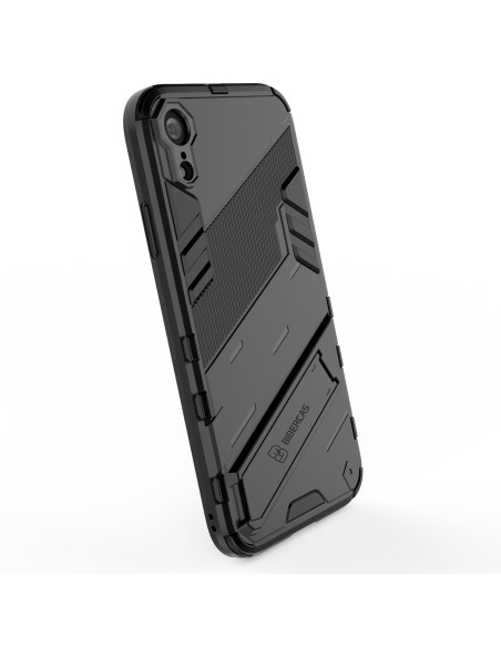 iPhone XR skal i svart TPU med kickstand, visat från sidan med detaljerad vy av mönster