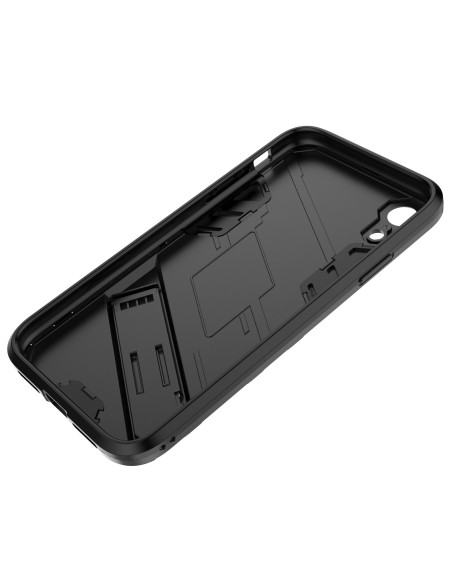 Detaljvy av insidan på iPhone XR skal med kickstand, visar mönster och fästen