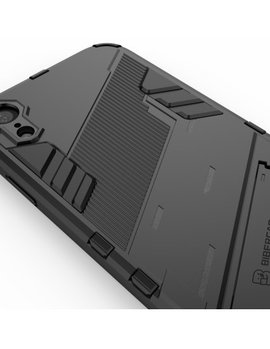 Detaljvy av baksidan på iPhone XR skal med kickstand, visar textur och mönster