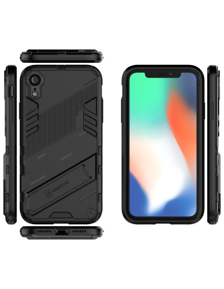 iPhone XR skal i svart TPU med kickstand, visat från sidan med telefonen i skalet