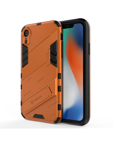 iPhone XR skal i orange TPU med kickstand, visat från sidan med telefonen i skalet
