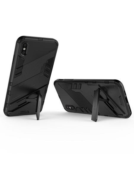 iPhone XS Max skal i svart TPU med kickstand, visat bakifrån med stativet utfällt