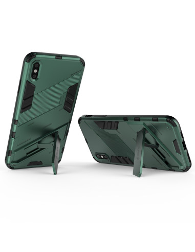 iPhone XS Max skal i grön TPU med kickstand, visat från sidan med stativet utfällt