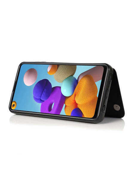 Samsung A21S flip-skal i svart med öppet läge och synlig skärm i stående position