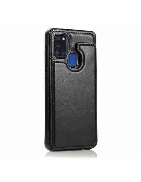 Svart flip-skal för Samsung A21S med kortfack och stängd design, sett från sidan