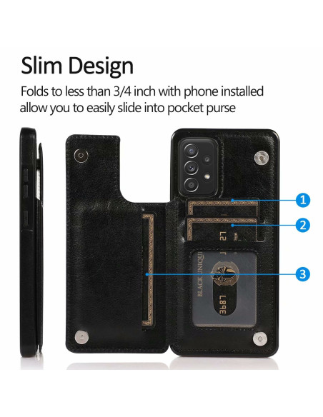 Svart flip-skal för Samsung A52/A52s med tre kortfack och telefon installerad, sett från sidan