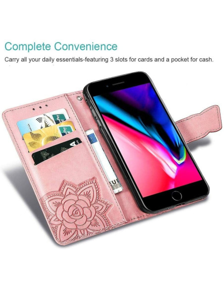 Öppet plånboksfodral i rosa PU-läder med fjärilsmotiv och tre kortfack, monterat på iPhone