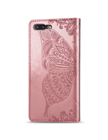 Plånboksfodral i rosa PU-läder med detaljerat fjärilsmotiv, designat för iPhone 7 Plus / 8 Plus