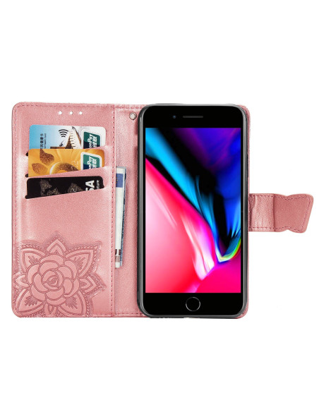 Plånboksfodral i rosa PU-läder med fjärilsmotiv, öppet med telefon och kortfack synliga
