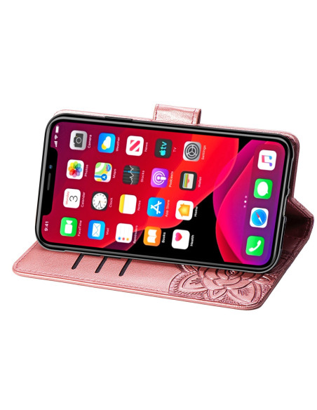 Plånboksfodral i rosa PU-läder med fjärilsmotiv, öppet och monterat på iPhone 12/12 Pro med skärmvisning
