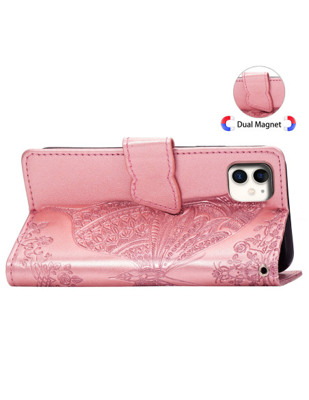 Plånboksfodral för iPhone 12 Mini med fjärilsmotiv, sett bakifrån med stängd design och magnetisk stängning