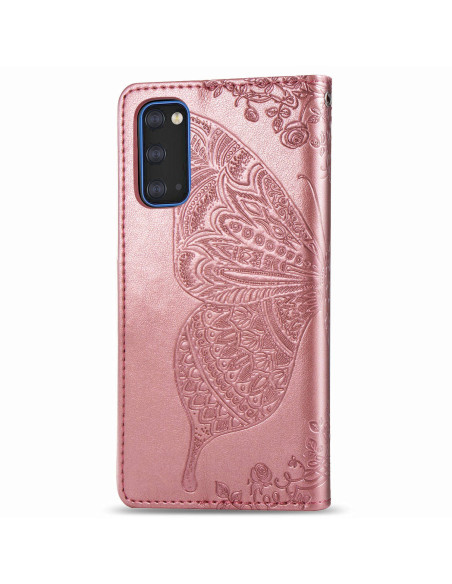 Fjärilsmönstrat plånboksfodral i rosa PU-läder, sett från sidan med detaljerad prägling