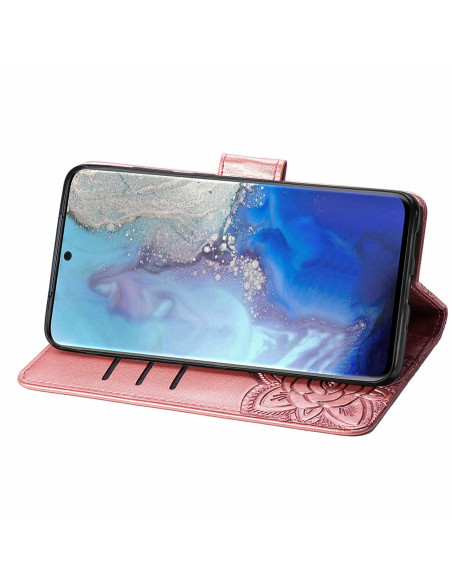 Samsung S20 FE plånboksfodral med fjärilsmotiv, öppet med telefon monterad och kortfack synliga