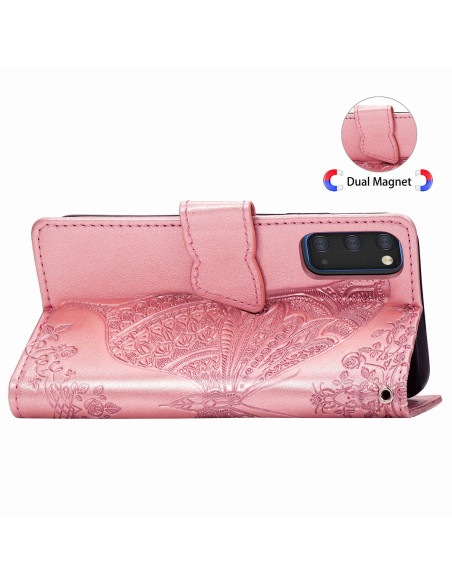 Fjärilsmönstrat plånboksfodral i rosa PU-läder, öppet med detaljerad prägling och telefon synlig
