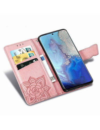 Plånboksfodral för Samsung S20 FE med fjärilsmotiv, öppet och med kortfack synliga