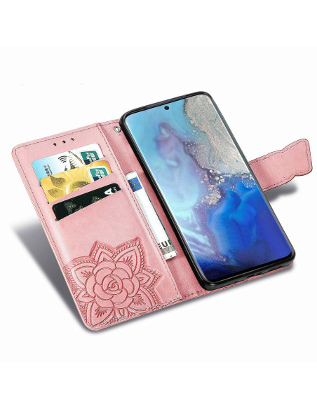 Plånboksfodral för Samsung S20 FE med fjärilsmotiv, öppet och med kortfack synliga