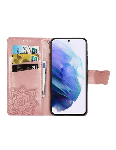 Inuti Samsung S21 Ultra plånboksfodral med fjärilsmotiv och kortfack, telefon monterad