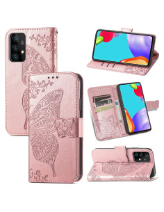 Plånboksfodral för Samsung A72 med fjärilsmotiv, öppet med kortfack och telefon insatt
