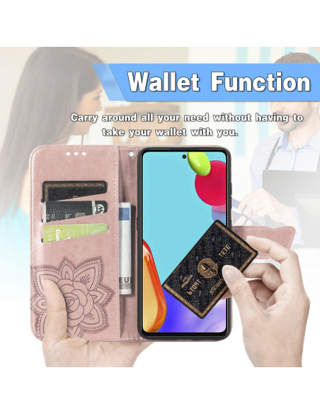 Detaljvy av plånboksfodral för Samsung A72 med fjärilsmotiv, öppet med kortfack och telefon synlig