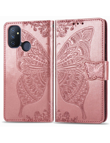 Fjärilsmotiv på OnePlus Nord N100 plånboksfodral i rosa konstläder, stängt med magnetlås
