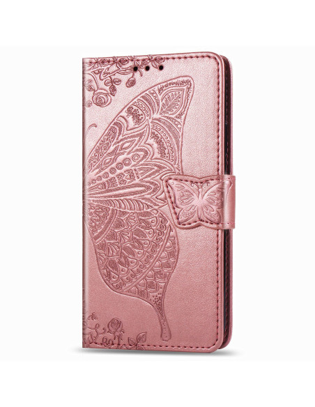 Fjärilsmotiv på OnePlus Nord N100 plånboksfodral i rosa konstläder, stående vy med stängd design