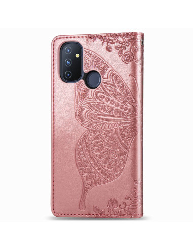 Framsidan av OnePlus Nord N100 plånboksfodral i rosa konstläder med detaljerat fjärilsmotiv