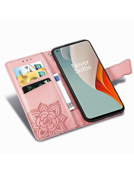 Inuti plånboksfodralet för OnePlus Nord N100 med kortfack och mobil monterad, rosa konstläder med fjärilsmotiv
