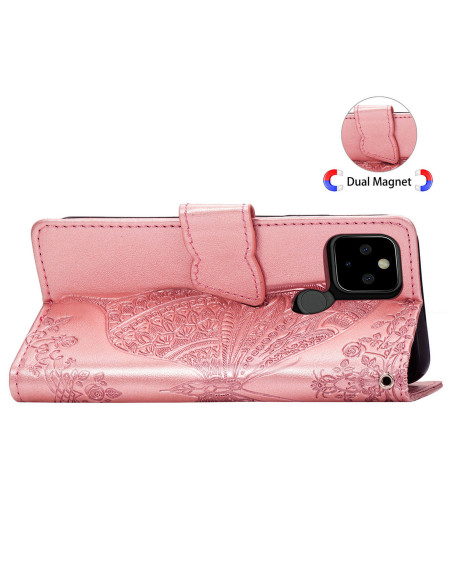 Plånboksfodral med fjärilsmotiv, stängt i rosa med magnetlås och detaljerad prägling