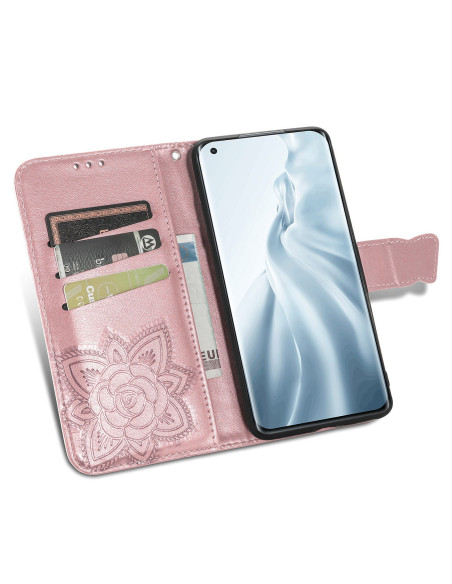 Plånboksfodral för Xiaomi Mi 11 med öppet lock, kortfack och fjärilsmotiv i rosa