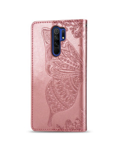 Fjärilsmönstrat plånboksfodral i rosa konstläder för Xiaomi Redmi 9, stängt vy 2