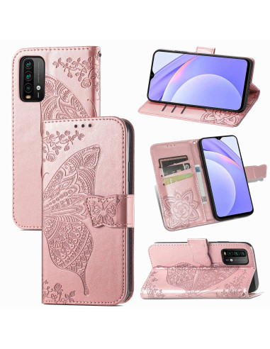 Fjärilsmotiv på rosa plånboksfodral för Xiaomi Redmi Note 9 med öppet fack och kortplatser