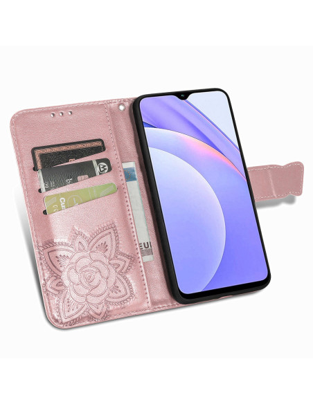 Öppet plånboksfodral i rosa PU-läder med fjärilsmotiv och synlig smartphone samt kortfack