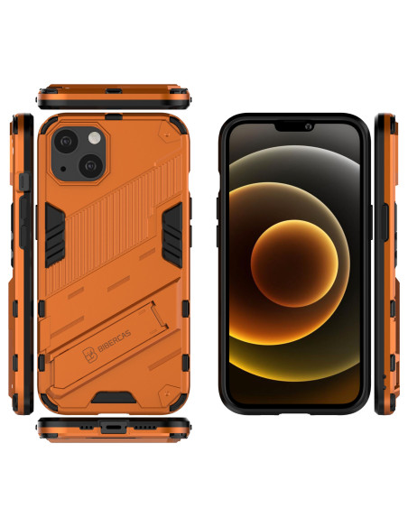 iPhone 13 Mini ThinArmor V2-skal i orange, visad från flera vinklar med telefon monterad