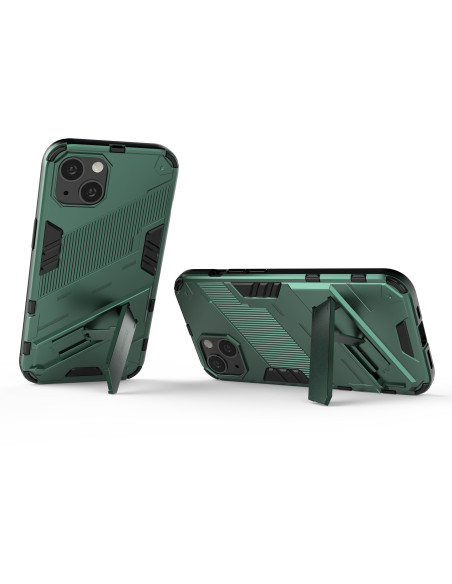 iPhone 13 Mini ThinArmor V2-skal i grön med kickstand, visad från baksidan och sidan