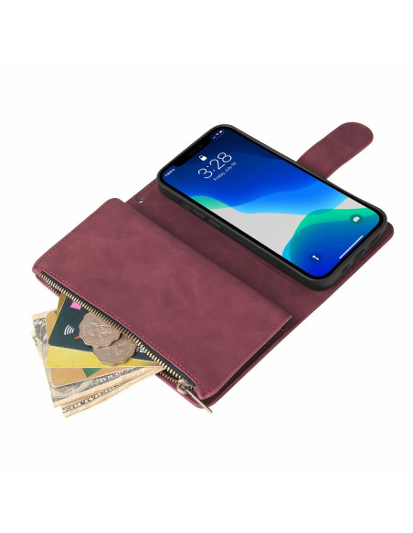 Öppet plånboksfodral i svart konstläder med iPhone 13 Pro och kortfack synligt