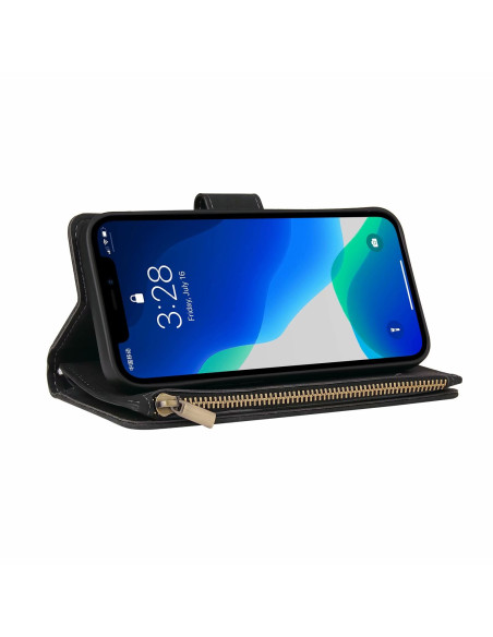 iPhone 13 Pro i plånboksfodral med dragkedja, stående vy och synlig skärm