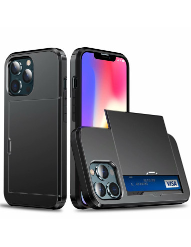 Svart iPhone 13 Pro skal med kortfack, visat med telefonen monterad och kortet synligt