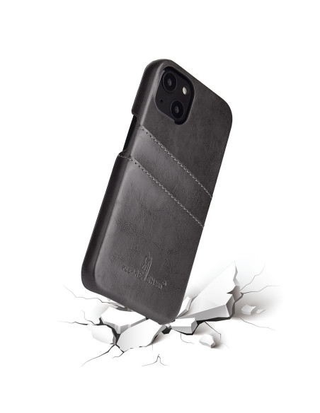 Svart iPhone 13 Mini skal med retro-design och korthållare, sett från sidan
