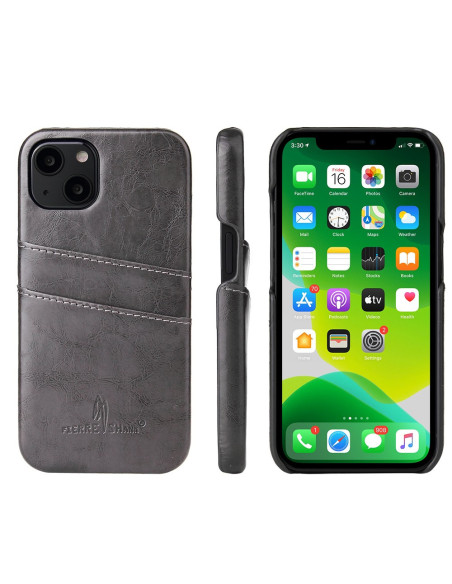 Svart iPhone 13 Mini skal med retro-design och korthållare, monterat på telefon med appvisning